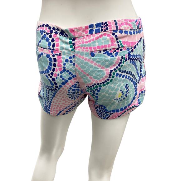 Lilly Pulitzer Shorts Women’s Size 0 Mosaic Print Gold Tone Button Blue And Pink - Picture 4 of 5